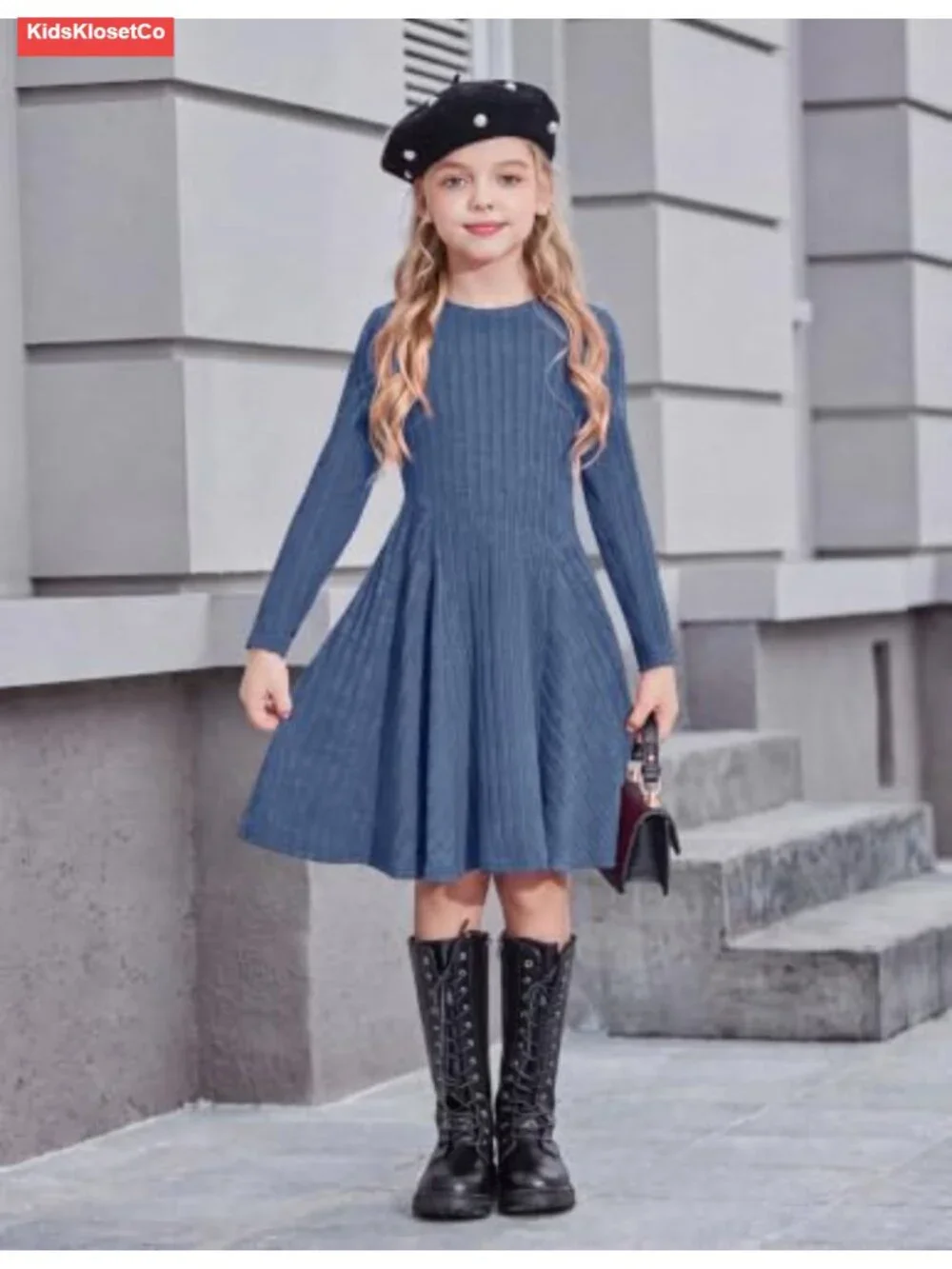 Girls Ribbed Knit Sweater Dress Long Sleeve A-Line Casual Fall Winter